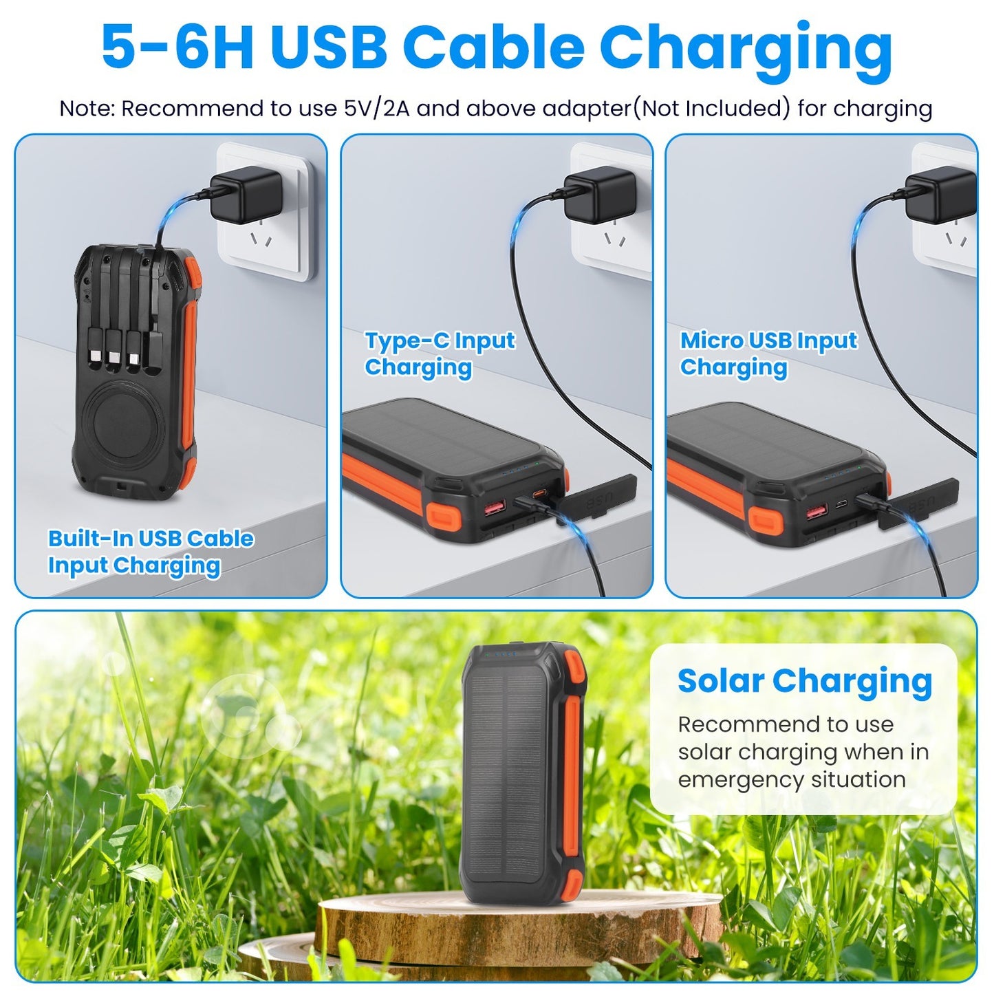 1Pc Portable Solar Charger 49800mAh Power Bank External Battery Pack 22.5W PD Fast Charging Built In 4 Cables 15W Wireless Charging LED Flashlight For Camping Hiking Picnic Travel