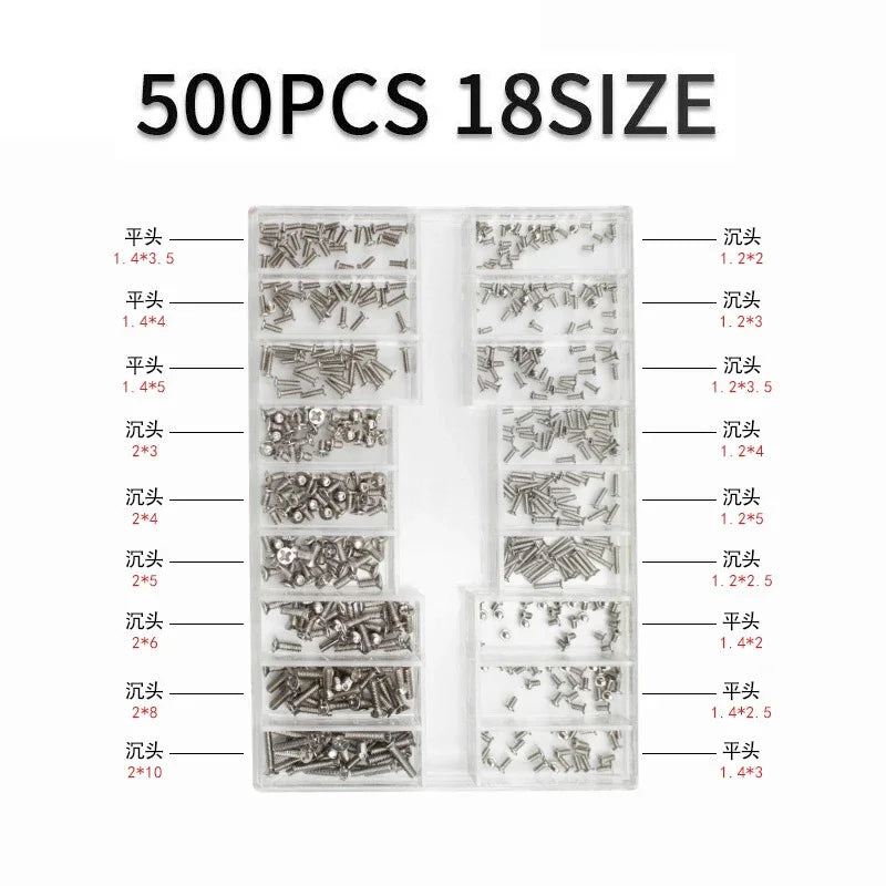 500pcs Mini Screw & Nut Repair Kit – 18 Sizes | For Laptops, Phones, Glasses & Electronics